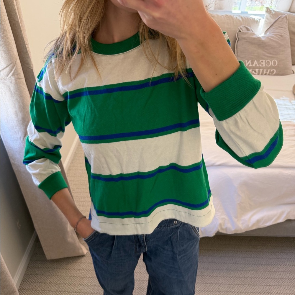 Lands' End Green and White Striped Long Sleeve Tee